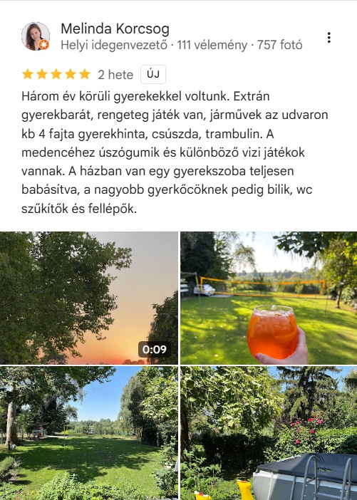 Gyerekbalát szálláshely értékelések.
Három év körüli gyerekekkel voltunk. Extrán gyerekbarát, rengeteg játék van, járművek az udvaron kb 4 fajta gyerekhinta, csúszda, trambulin. A medencéhez úszógumik és különböző vizi játékok vannak. A házban van egy gyerekszoba teljesen babásítva, a nagyobb gyerkőcöknek pedig bilik, wc szűkítők és fellépők.
Közvetlen vízparti horgász szállás az RSD partján