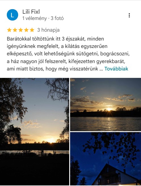 Horgász szállás vélemény: Barátokkal töltöttünk itt 3 éjszakát, minden igényünknek megfelelt, a kilátás egyszerűen elképesztő, volt lehetőségünk sütögetni, bográcsozni, a ház nagyon jól felszerelt, kifejezetten gyerekbarát, ami miatt biztos, hogy még visszatérünk gyerekekkel. Általában nehéz nagyobb társasággal kényelmes és kulturált szállást találni, ahol nem egyik hálószobából a másikba nyílnak az ajtók, hanem külön komfortos hálószobák vannak ami szerintem nagy plusz pont.
Közvetlen vízparti horgász szállás az RSD partján